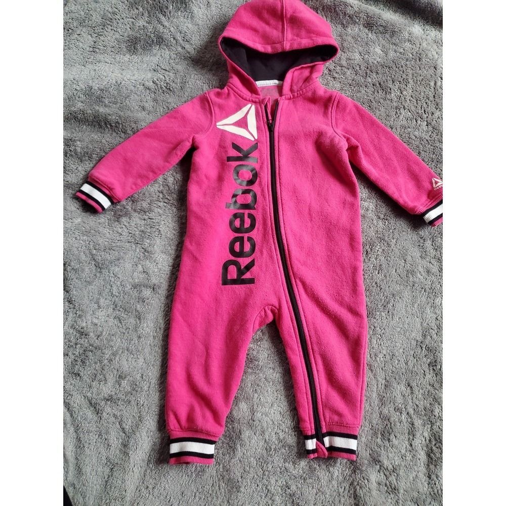 Reebok Unisex Baby12M One Piece Hooded Full Zip Up Romper Jumpsuit Bright Pink